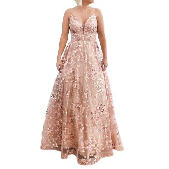 Cinderella Divine | Dusty Rose Pink Sleeveless Deep-V Formal Sequin Sparkle Gown - Picture 1 of 11